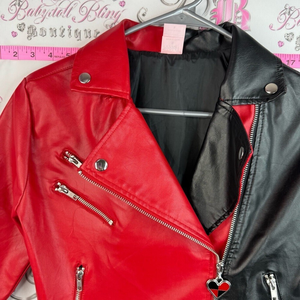 Spirit Halloween two tone red Black Faux Leather Moto Jacket with Heart Zip - Picture 9 of 10
